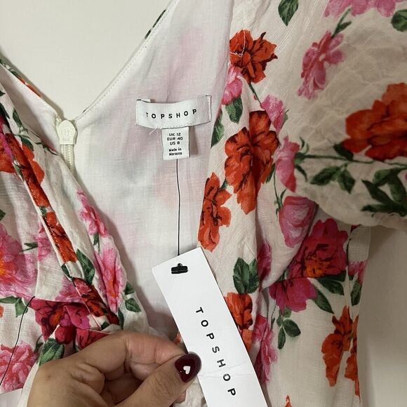 NEW! Topshop Floral Rose Red Punk Cotton Ruched Short Mini Dress US 8 - Picture 3 of 5